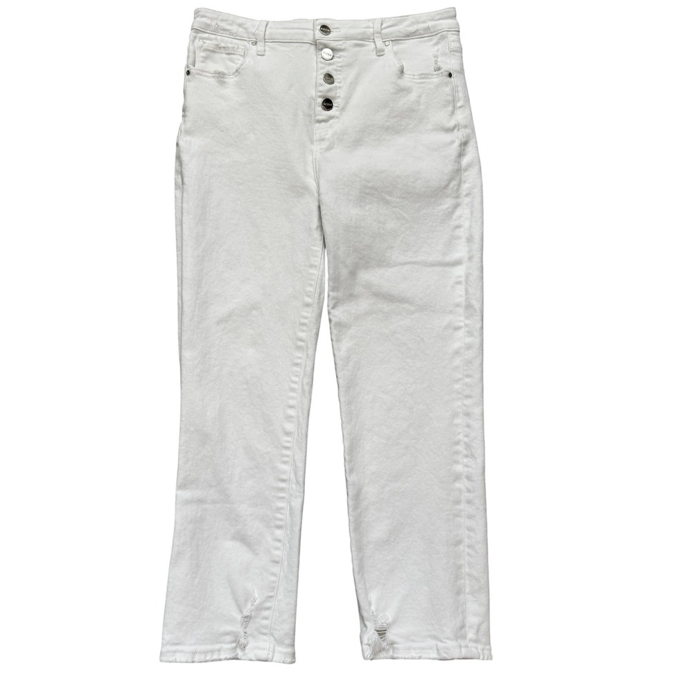 Risen Jeans Womens White High Rise Button Fly Straight Leg Distressed Pants